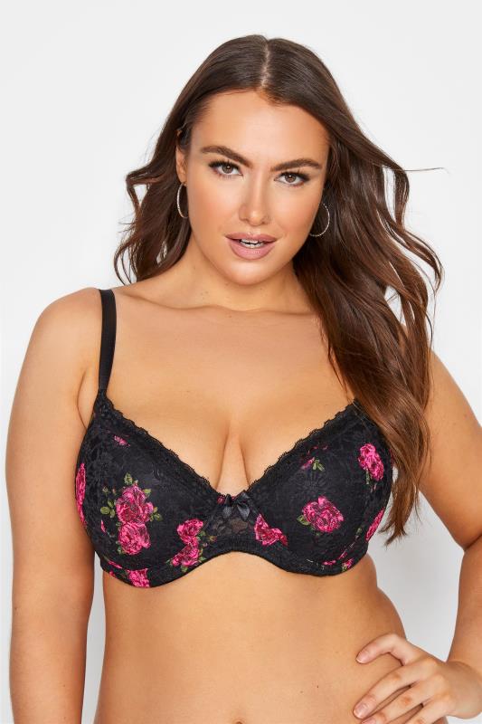 Plus Size Black Rose Floral Lace Padded Underwired T-Shirt Bra | Yours Clothing 1