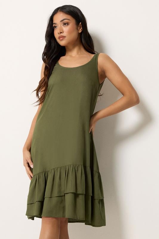PixieGirl Petite Khaki Green Asymmetric Frill Midi Dress