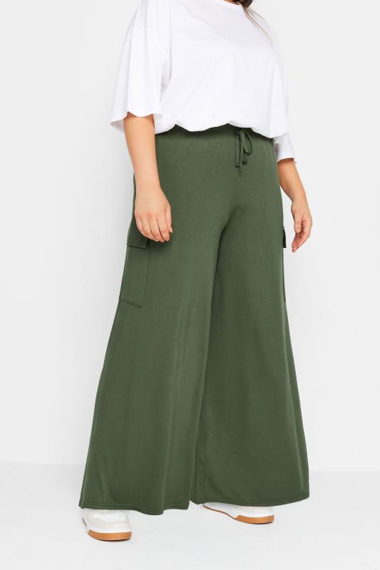 YOURS Plus Size Khaki Green Jersey Wide Leg Cargo Trousers | Yours Clothing 1