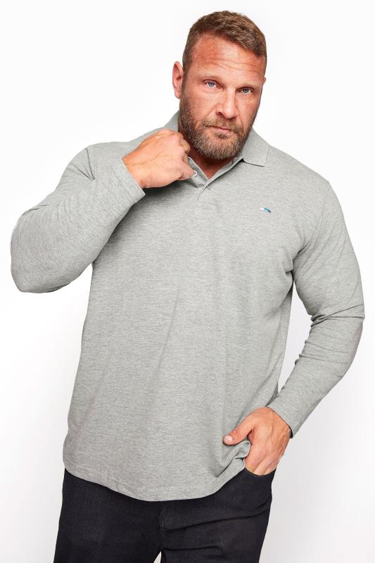BadRhino Big & Tall Grey Marl Essential Long Sleeve Polo Shirt 1