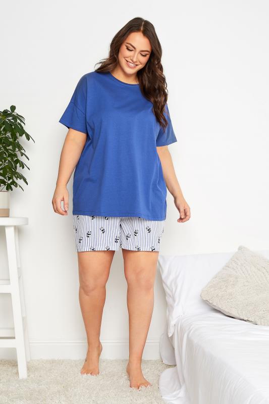 YOURS Curve Plus Size Dark Blue Panda Print Pyjama Set | Yours Clothing  2