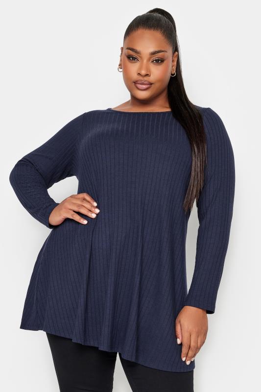 YOURS Plus Size Navy Blue Long Sleeve Ribbed Swing Top | Yours Clothing 1
