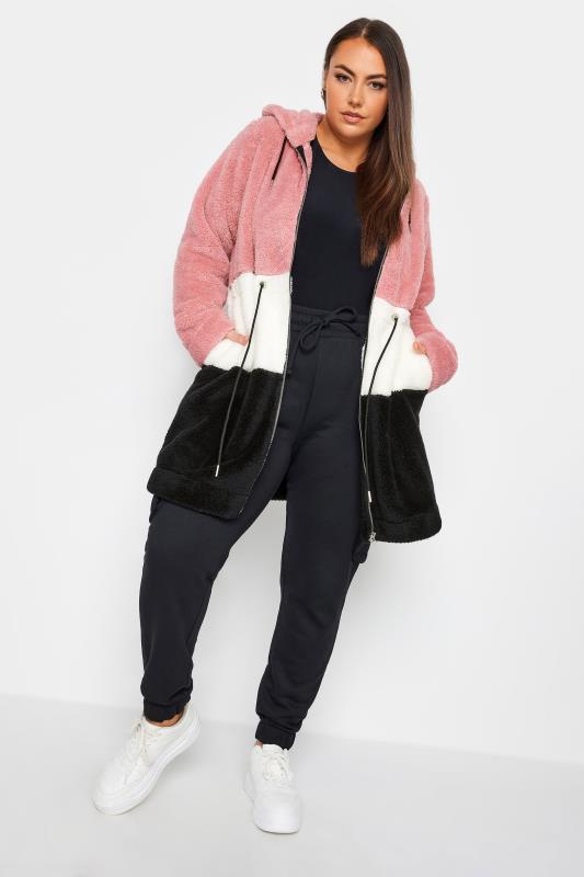 YOURS Plus Size Pink & Black Longline Fleece Zip Hoodie | Yours Clothing 2