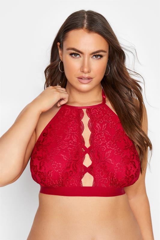 Curve Red Boudoir Lace Lattice Halter Neck Non-Padded Non-Wired Bralette 1