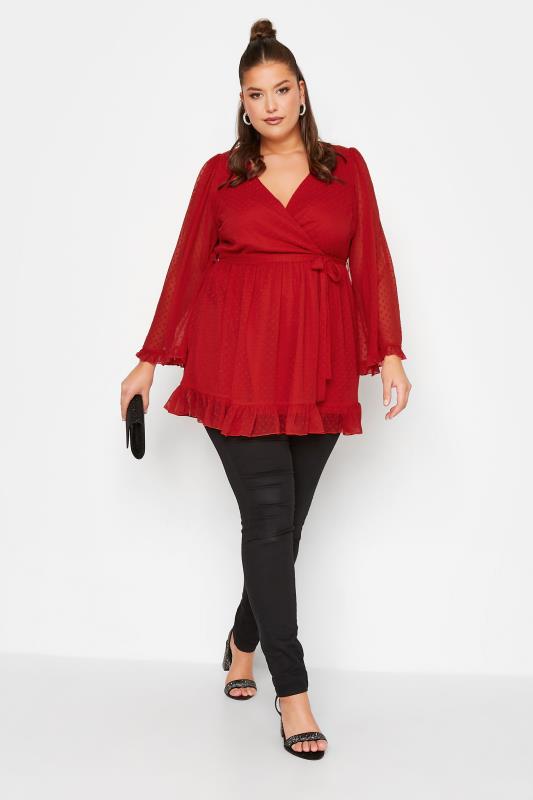 YOURS LONDON Plus Size Red Dobby Ruffle Wrap Top | Yours Clothing 2