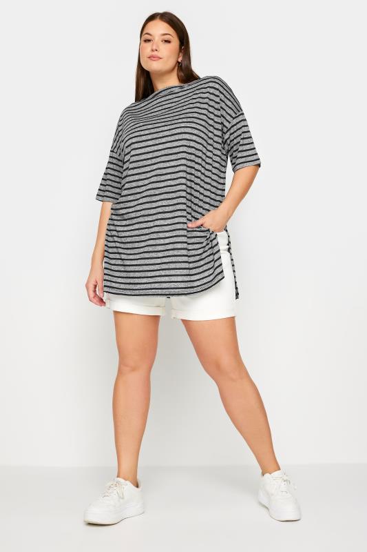 YOURS Plus Size Grey Stripe Oversized Linen T-Shirt | Yours Clothing 2