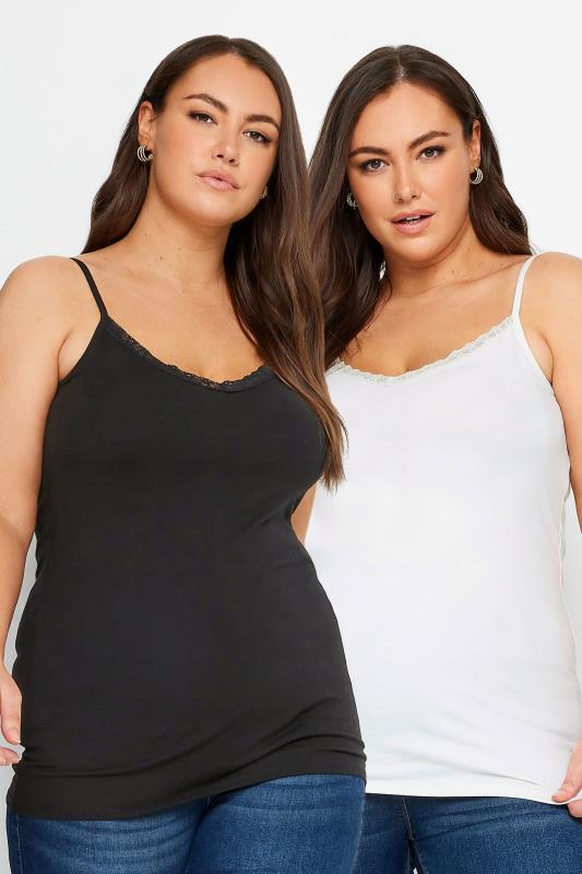 YOURS 2 PACK Plus Size Black & White Lace Cami Tops | Yours Clothing 1