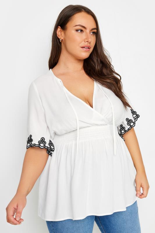 YOURS Plus Size White Chambray Embroidered Top | Yours Clothing 3