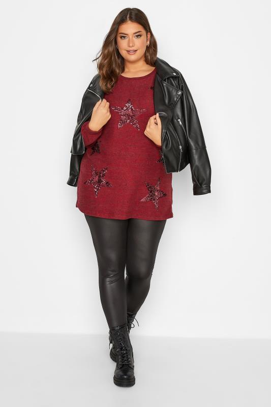 Plus Size Red Sequin Star Soft Touch Jumper | Yours Clothing 2
