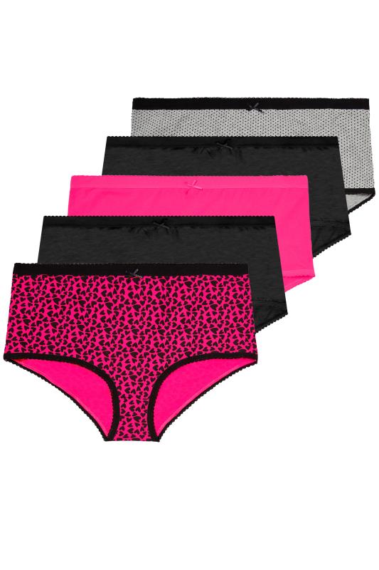 5 PACK Black & Pink Heart & Spots Full Briefs | Yours Clothing