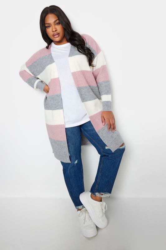YOURS Plus Size Pink & Grey Colour Block Soft Touch Cardigan | Yours Clothing 2