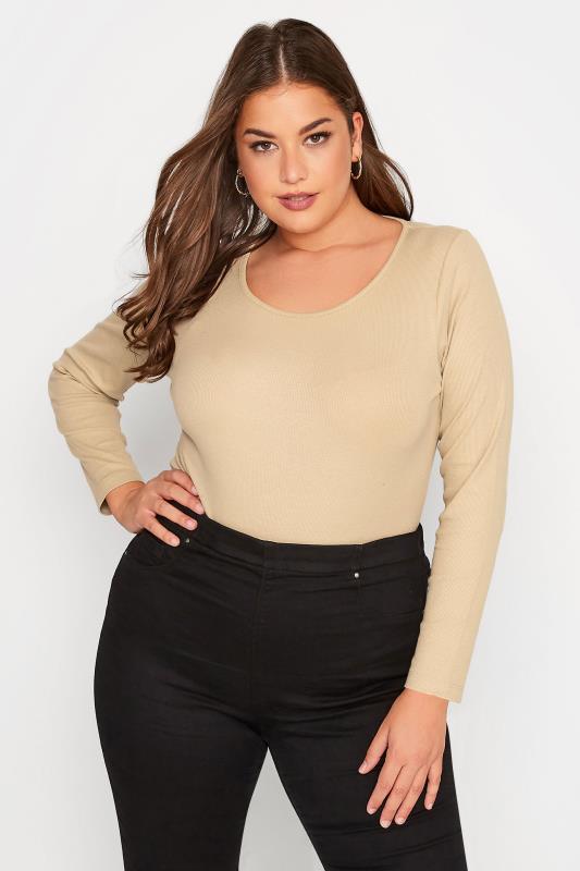 Plus Size Beige Brown Long Sleeve Ribbed Bodysuit | Yours Clothing  1