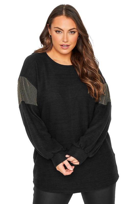 Plus Size Black Glitter Panel Soft Touch Top | Yours Clothing 8