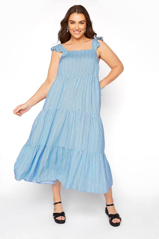 YOURS LONDON Curve Blue Stripe Frill Tiered Maxi Dress_A.jpg