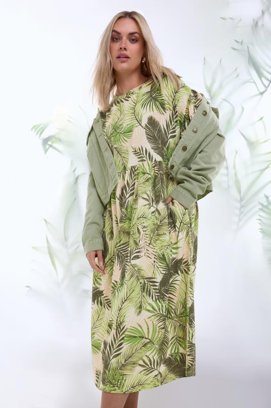 Plus Size  YOURS Curve Green Tropical Print Pure Cotton Midaxi Dress