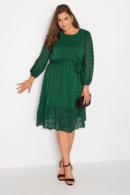 Plus Size YOURS LONDON Green Dobby Puff Sleeve Dress | Yours Clothing 2