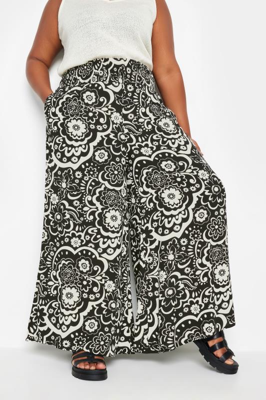  Grande Taille YOURS Curve Black Floral Print Shirred Wide Leg Trousers