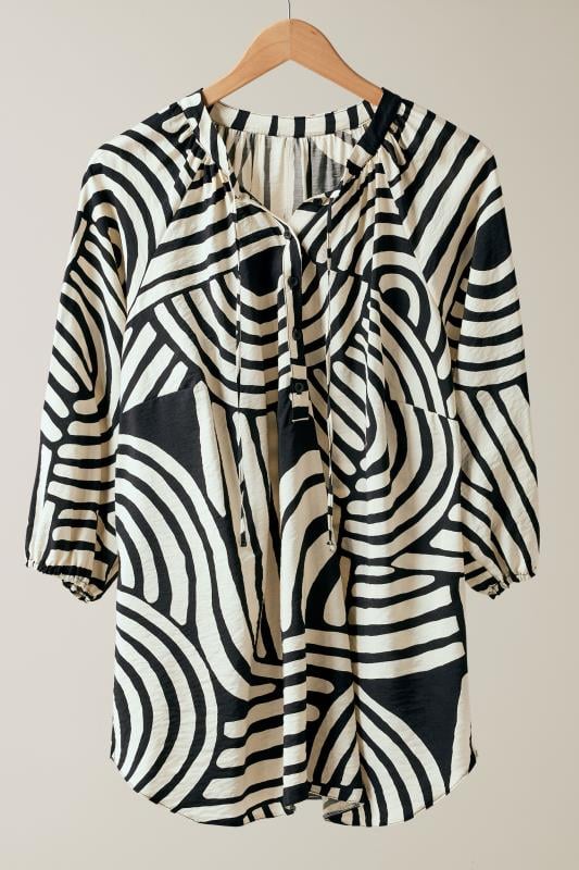 EVANS Plus Size Black & White Abstract Print Tie Neck Blouse | Evans  5