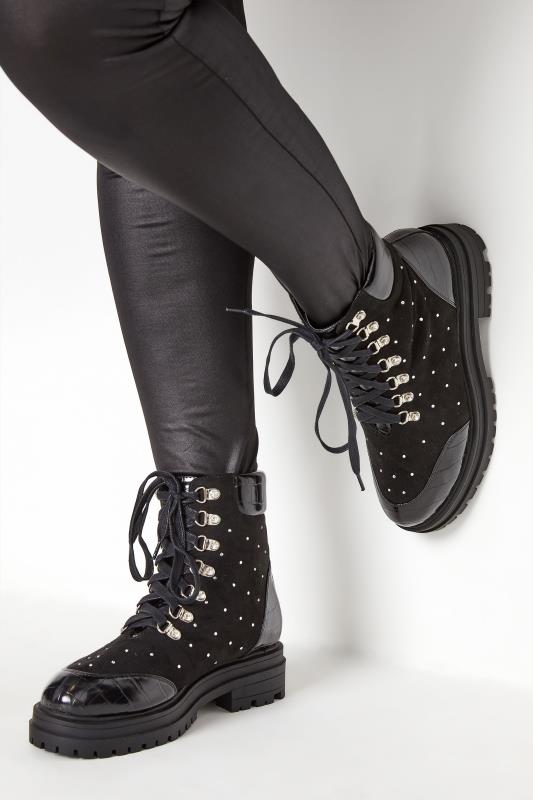 LIMITED COLLECTION Black Faux Suede Diamante Stud Lace Up Boots In Wide E Fit 1
