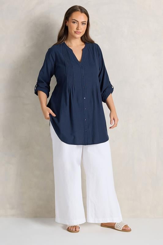 EVANS Plus Size Navy Blue Linen Pintuck Shirt | Evans 1
