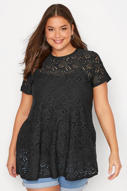 Plus Size Black Broderie Anglaise Swing T-Shirt | Yours Clothing 1
