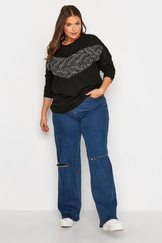 Plus Size Black Floral Embroidered Block Sweatshirt | Yours Clothing 2