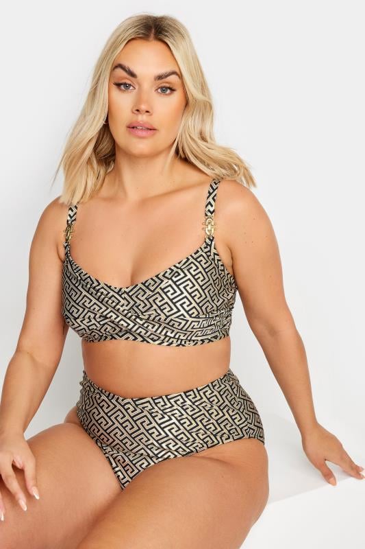 YOURS Plus Size Black Metallic Geometric Print Bikini Top | Yours Clothing 2