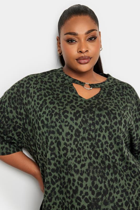 YOURS Plus Size Khaki Green Leopard Print Ring Detail T-Shirt | Yours Clothing 4