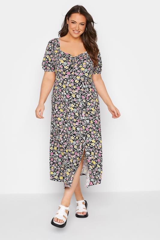 Plus Size Black Floral Print Sweetheart Midaxi Dress | Yours Clothing  1