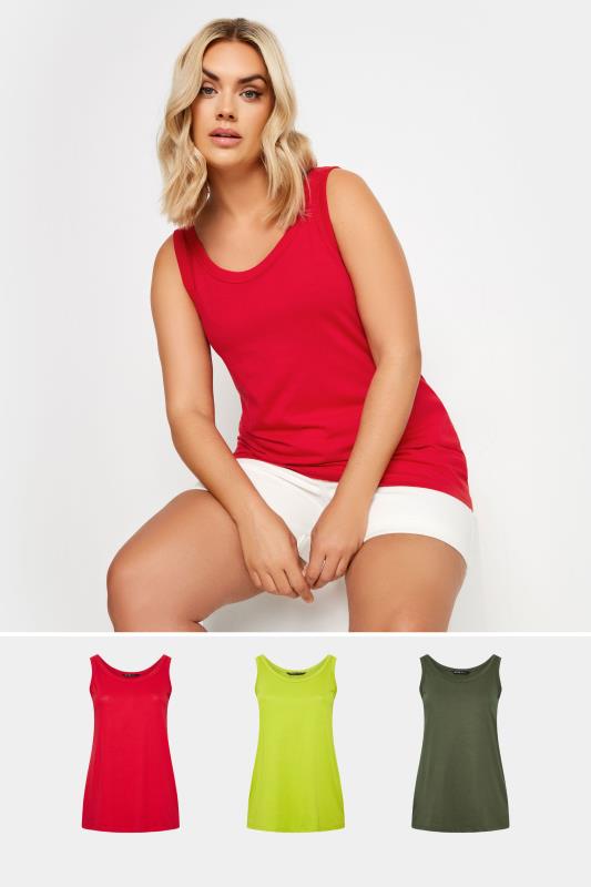 YOURS 3 PACK Plus Size Red & Green Vest Tops | Yours Clothing 1