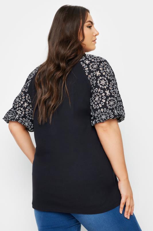 YOURS Plus Size Black Broderie Anglaise Sleeve T-Shirt | Yours Clothing 3