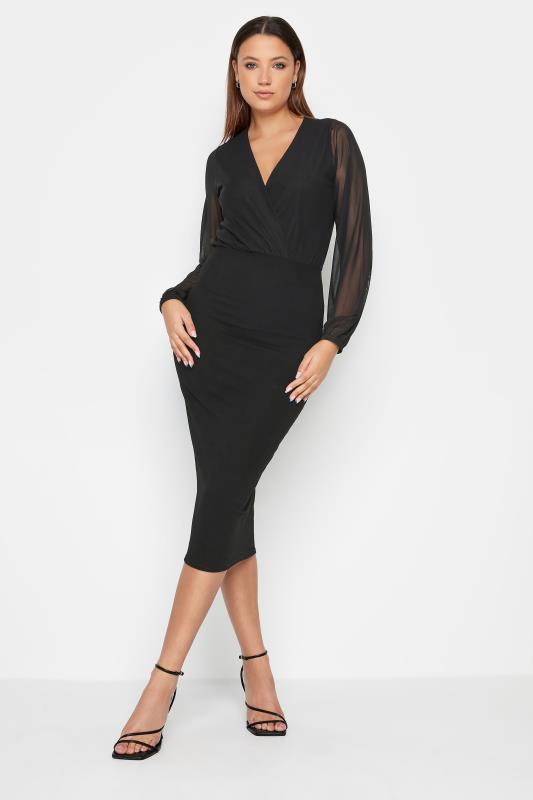  Grande Taille LTS Tall Black Mesh Sleeve Midi Wrap Dress