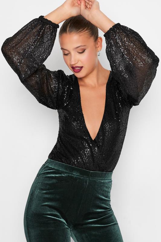 LTS Tall Women's Black Sequin Embellished Bodysuit | Long Tall Sally 1