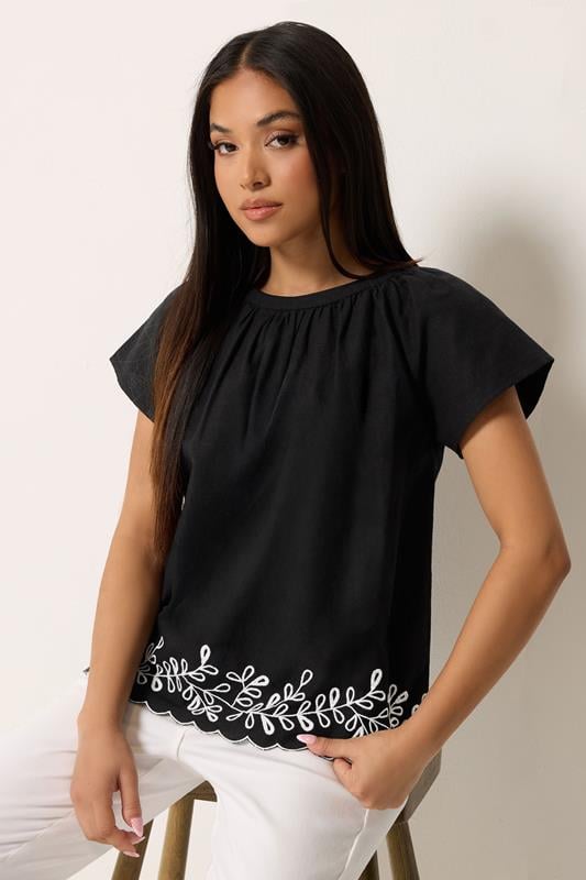 M&Co Petite Black Embroidered Tie Back Blouse