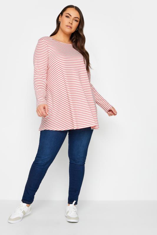 YOURS Plus Size Pink Stripe Print Ribbed Top | Yours Clothing