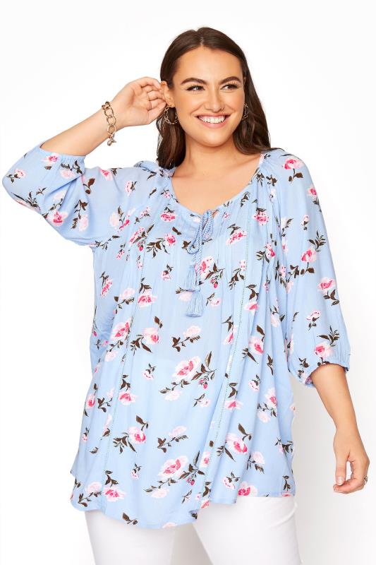 Plus Size  Blue Floral Pintuck Gypsy Top