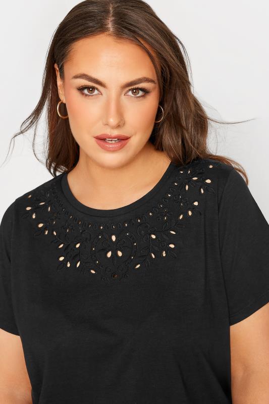 Plus Size Black Broderie Anglaise Neckline T-Shirt | Yours Clothing 4