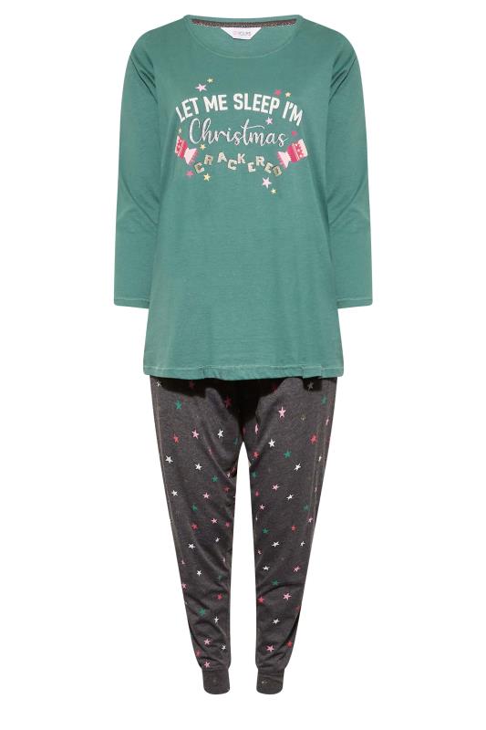 Plus Size Green 'Christmas Crackered' Star Print Pyjama Set | Yours Clothing 6