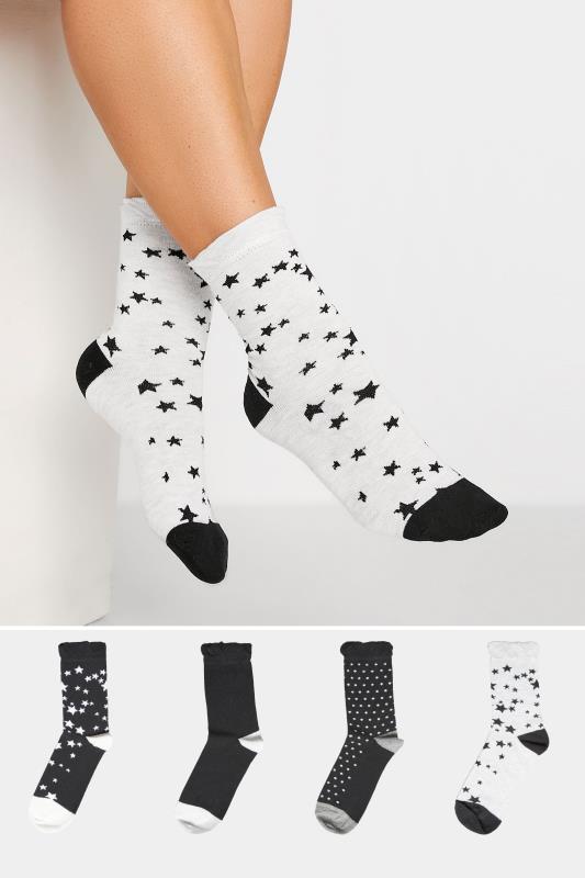 4 PACK Black & White Star Print Ankle Socks | Yours Clothing 1