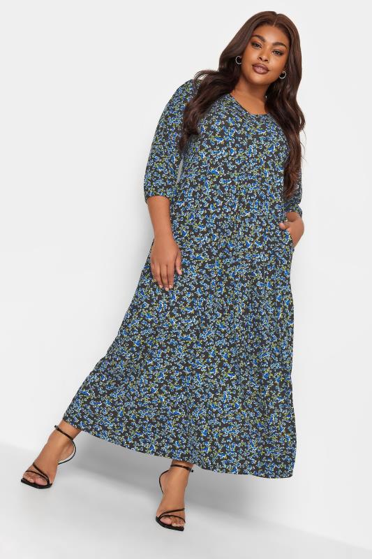 Plus Size  YOURS Curve Blue Ditsy Floral Print Maxi Dress