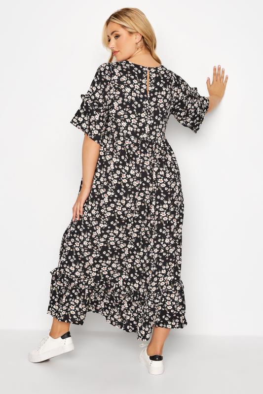 Plus Size Black Daisy Floral Print Smock Maxi Dress | Yours Clothing 3