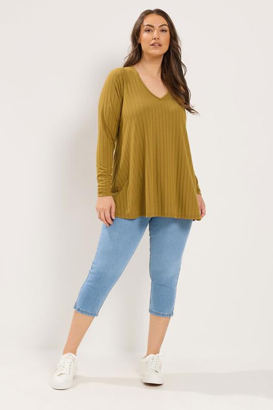 YOURS Plus Size Yellow Ribbed Long Sleeve Top | Yours Clothing 1