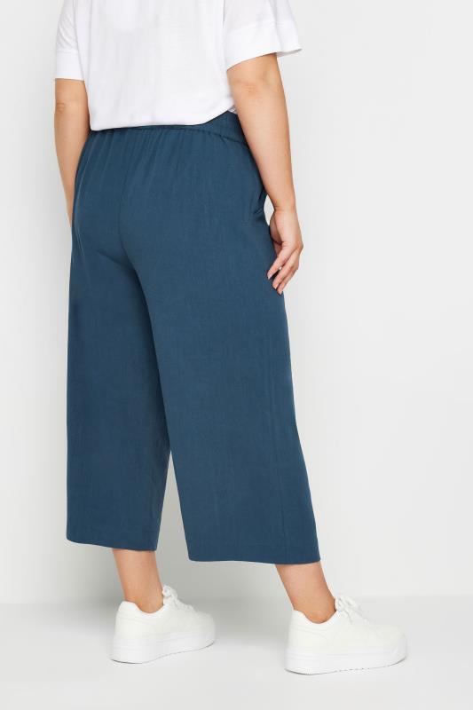 YOURS Plus Size Navy Blue Wide Leg Cropped Linen Trousers | Yours Clothing  3
