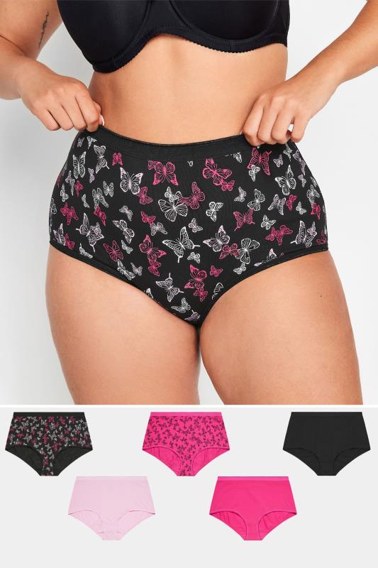 Plus Size  YOURS 5 PACK Curve Black & Pink Butterfly Print Full Briefs