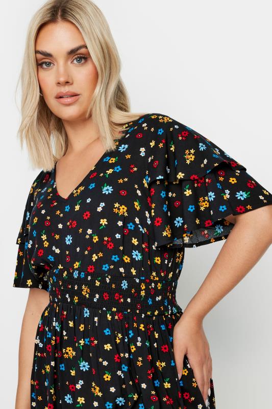YOURS Plus Size Black Ditsy Print Flutter Sleeve Peplum Top | Yours Clothing  4