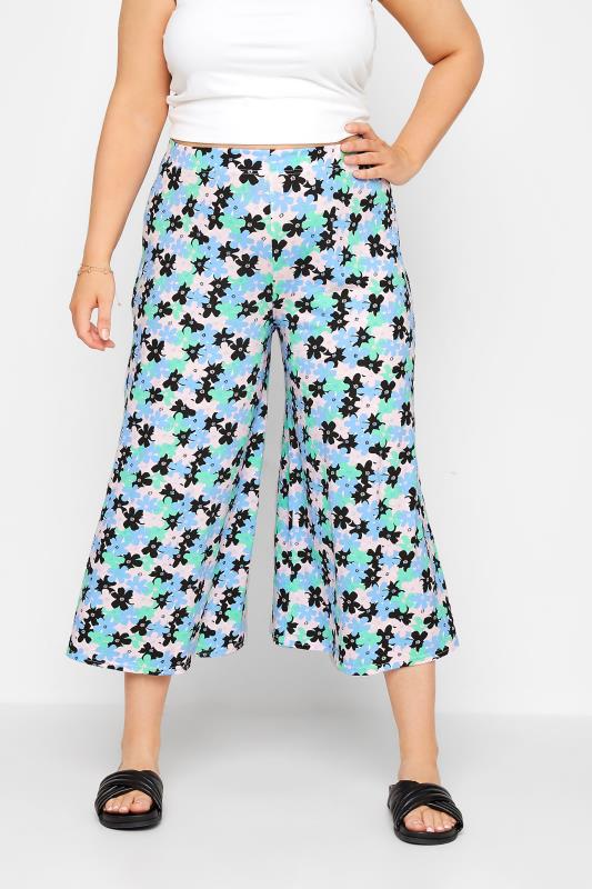  dla puszystych YOURS Curve Blue Abstract Floral Print Stretch Midaxi Culottes