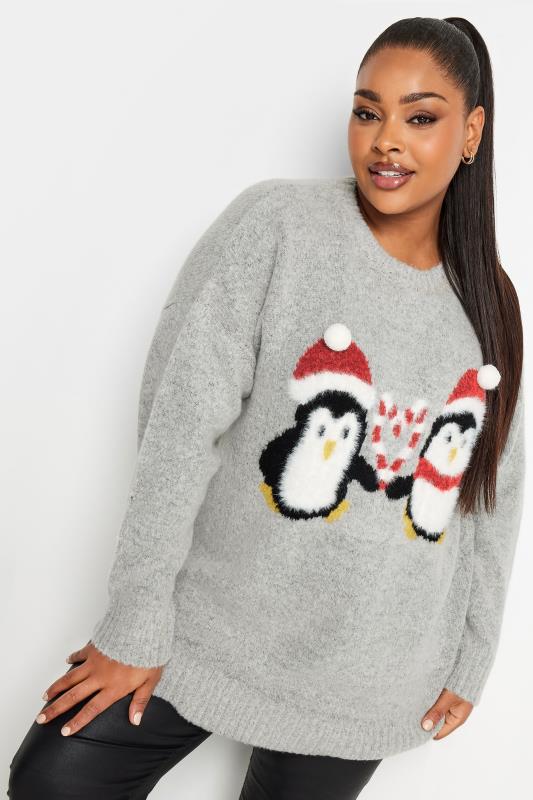 YOURS Plus Size Grey Penguin Christmas Jumper | Yours Clothing 1