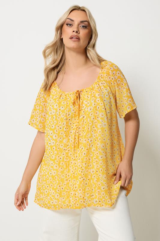  YOURS Curve Black & White Floral Tie Neck Pintuck Blouse