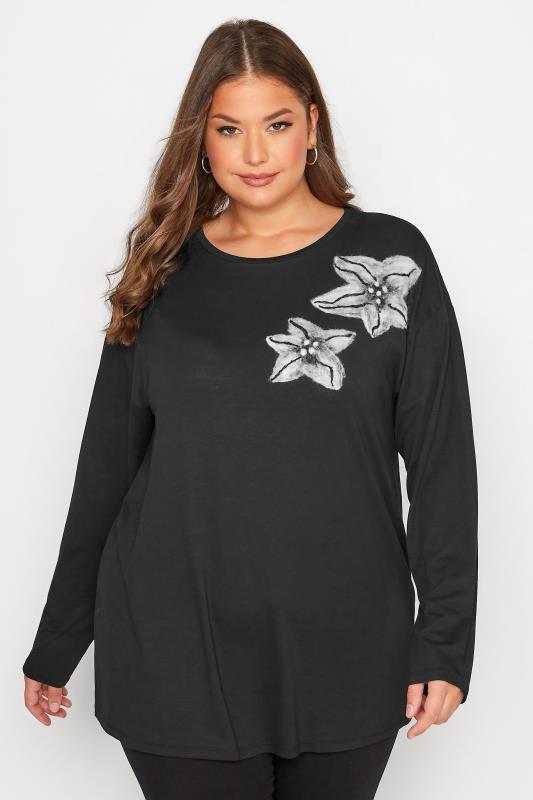 Plus Size Black Flower Print Long Sleeve T-Shirt | Yours Clothing  1