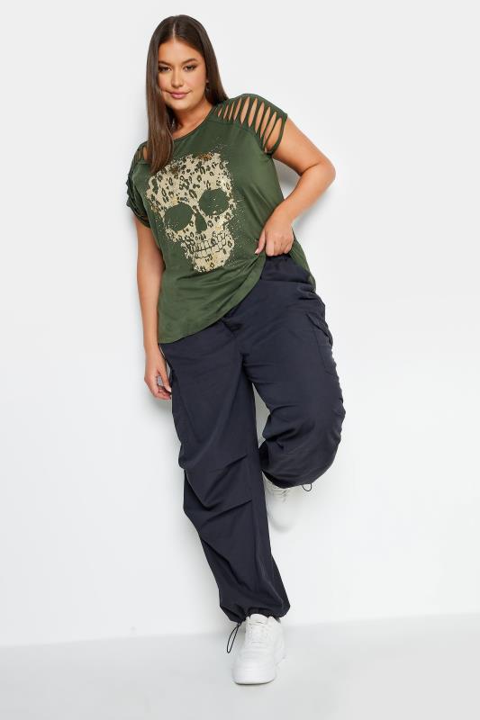 YOURS Plus Size Khaki Green Skull Print T-Shirt | Yours Clothing 2